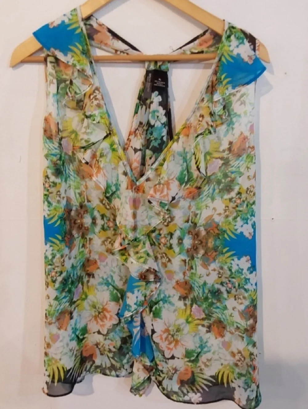 Bisou Bisou|Floral Ruffle V-Neck Sleeveless Top Blue Multicolor Sheer Flowy XL - Picture 3 of 5